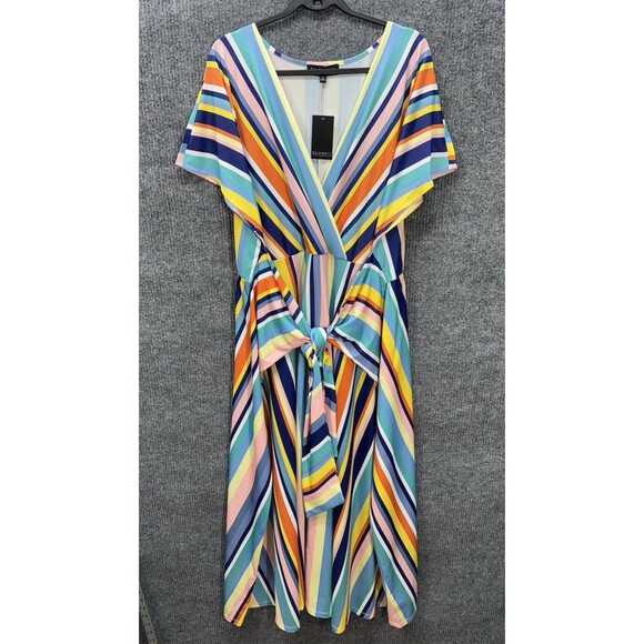 Eloquii Dresses & Skirts - Eloquii Stripe Wrap Tie Maxi Dress Womens 24 Rainbow V-Neck Short Sleeve NEW